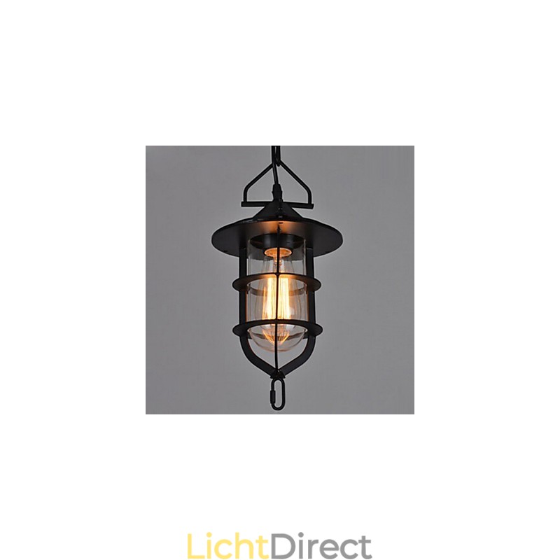 Middelgrote vintage zwarte kooivormige hanglamp van glas en metaal