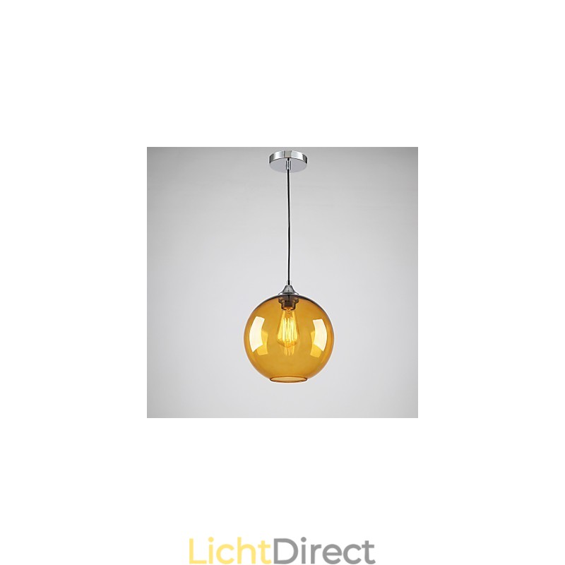 Moderne glazen hanglamp in ronde amberkleurige glazen kap met bubbeldesign