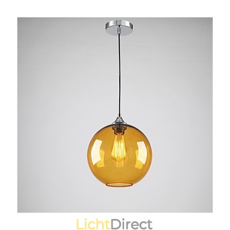 Moderne glazen hanglamp in ronde amberkleurige glazen kap met bubbeldesign Moderne glazen hanglamp in ronde amberkleurige glazen kap met bubbeldesign