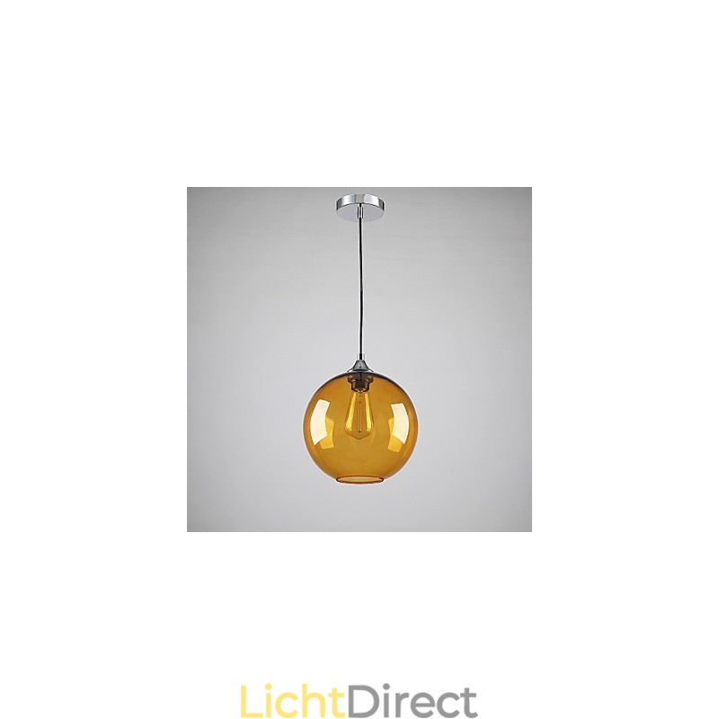 Moderne glazen hanglamp in ronde amberkleurige glazen kap met bubbeldesign