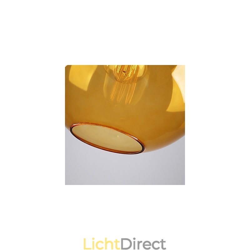 Moderne glazen hanglamp in ronde amberkleurige glazen kap met bubbeldesign
