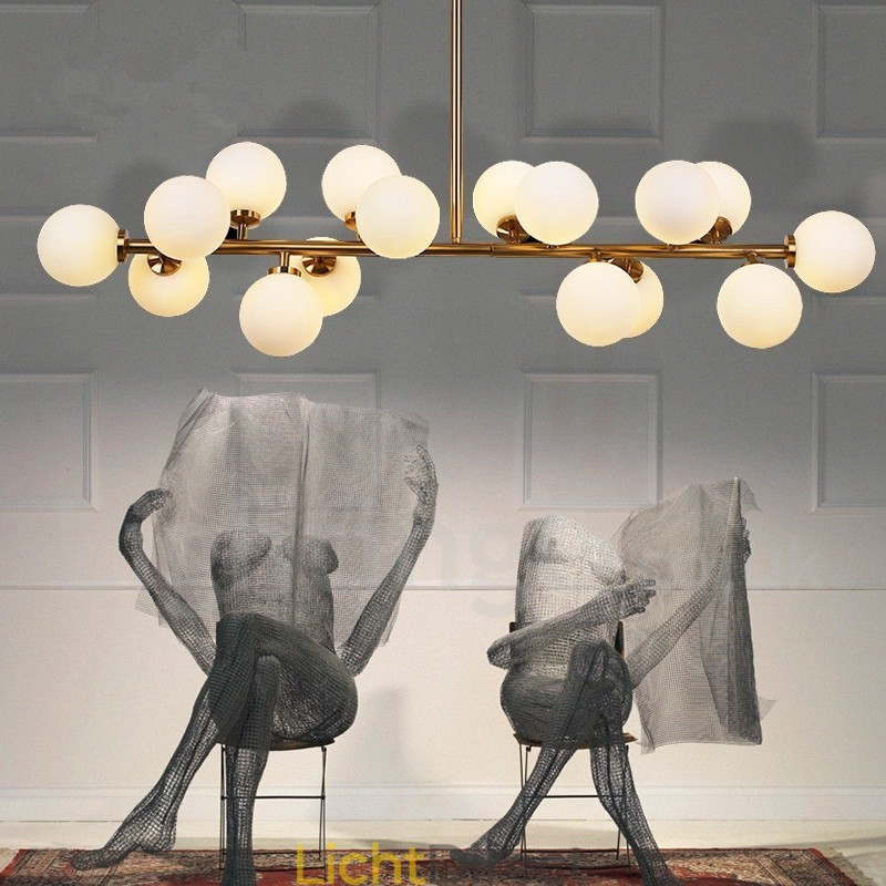 Moderne eigentijdse kroonluchter met 16 lampen, glazen kap en lamp