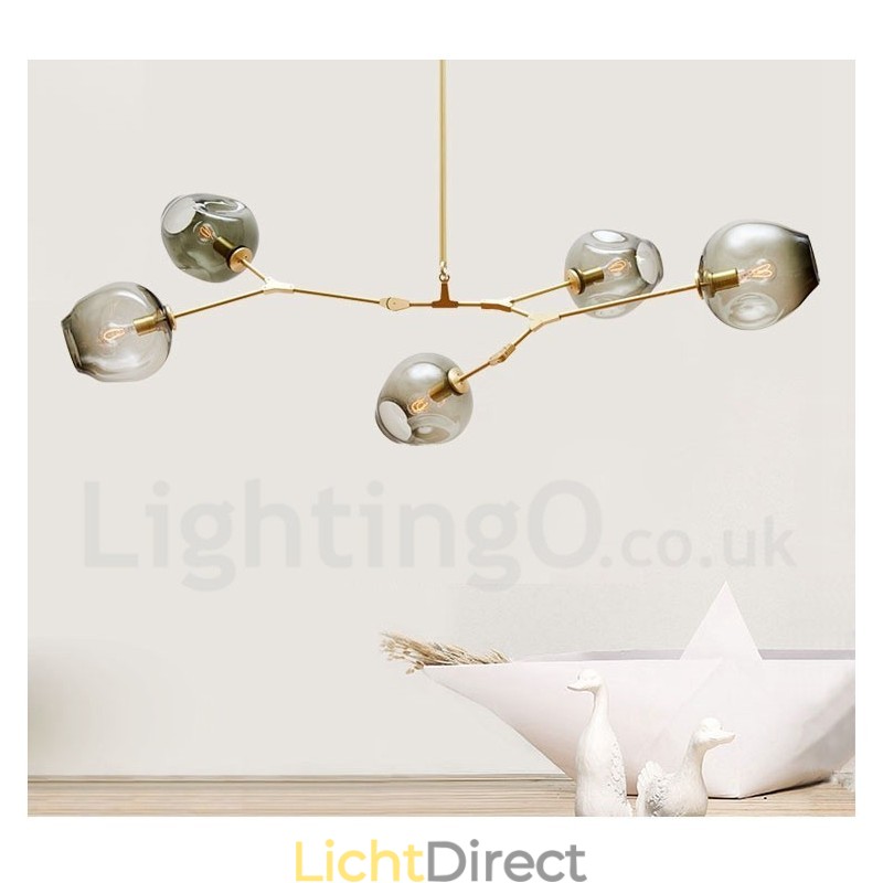 Moderne eigentijdse 5-lichts kroonluchter met glazen kaplamp