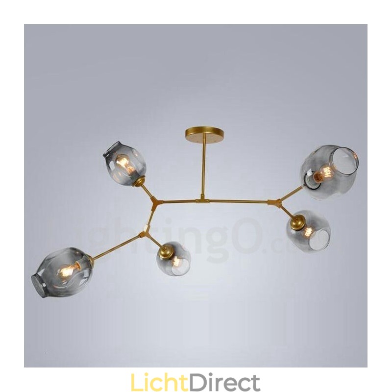 Moderne eigentijdse 5-lichts kroonluchter met glazen kaplamp