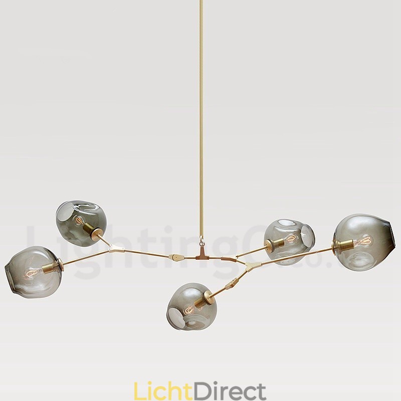 Moderne eigentijdse 5-lichts kroonluchter met glazen kaplamp