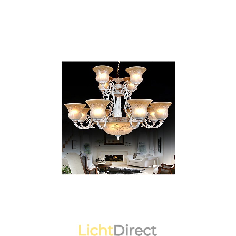 Witte kroonluchter met vijftien lampen, patroon, glazen kap, handverguld, Europees retro klassiek