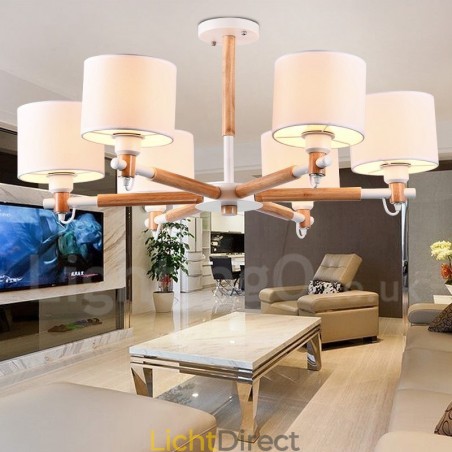 Moderne eigentijdse 6-lichts enkellaags houten kroonluchter met trommelstof (zwart-wit) Moderne eigentijdse 6-lichts enkellaags houten kroonluchter met trommelstof (zwart-wit)