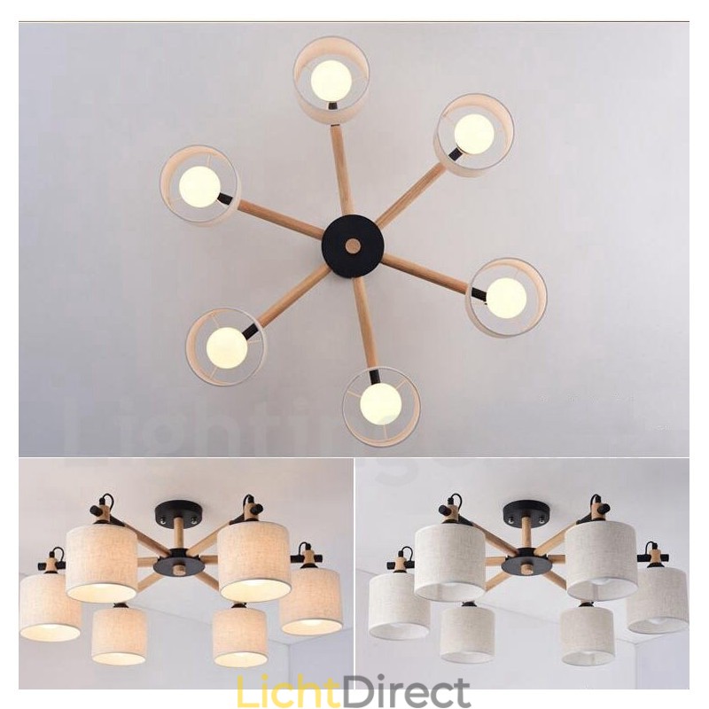 Moderne eigentijdse 6-lichts enkellaags houten kroonluchter met trommelstof (zwart-wit)