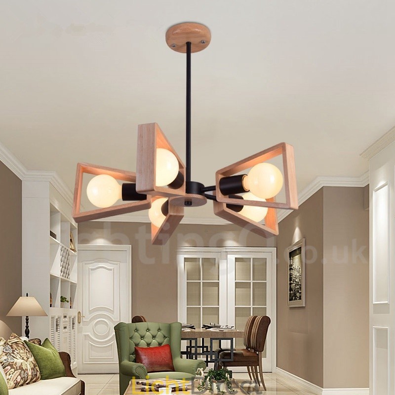 Houten enkelvoudige kroonluchterlamp met 5 lampen in moderne, eigentijdse stijl