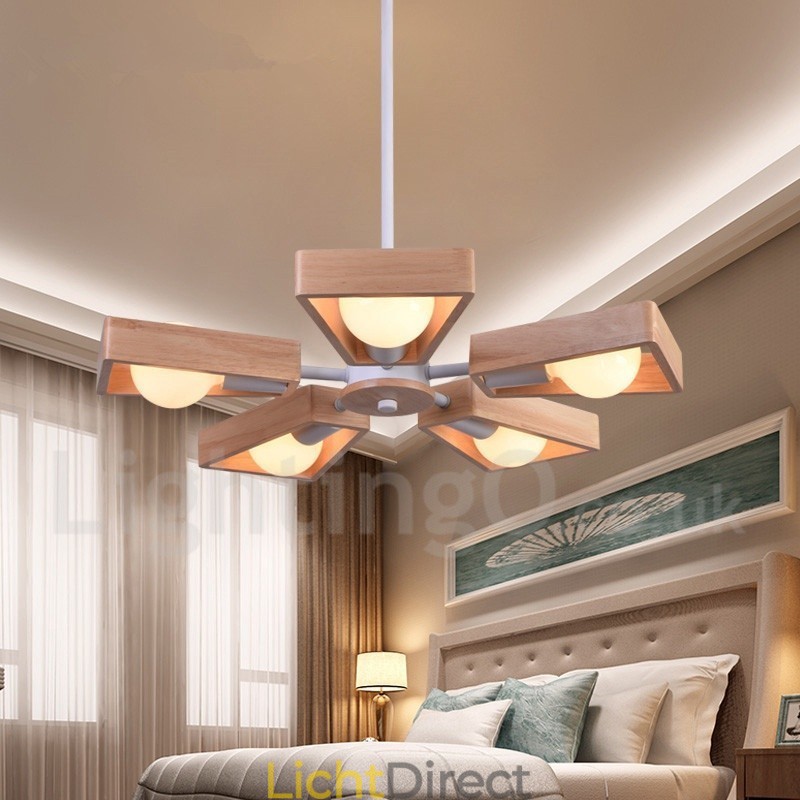 Houten enkelvoudige kroonluchterlamp met 5 lampen in moderne, eigentijdse stijl