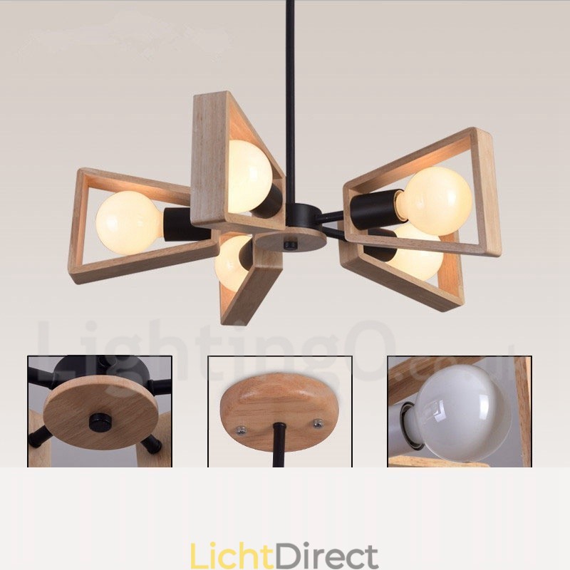 Houten enkelvoudige kroonluchterlamp met 5 lampen in moderne, eigentijdse stijl
