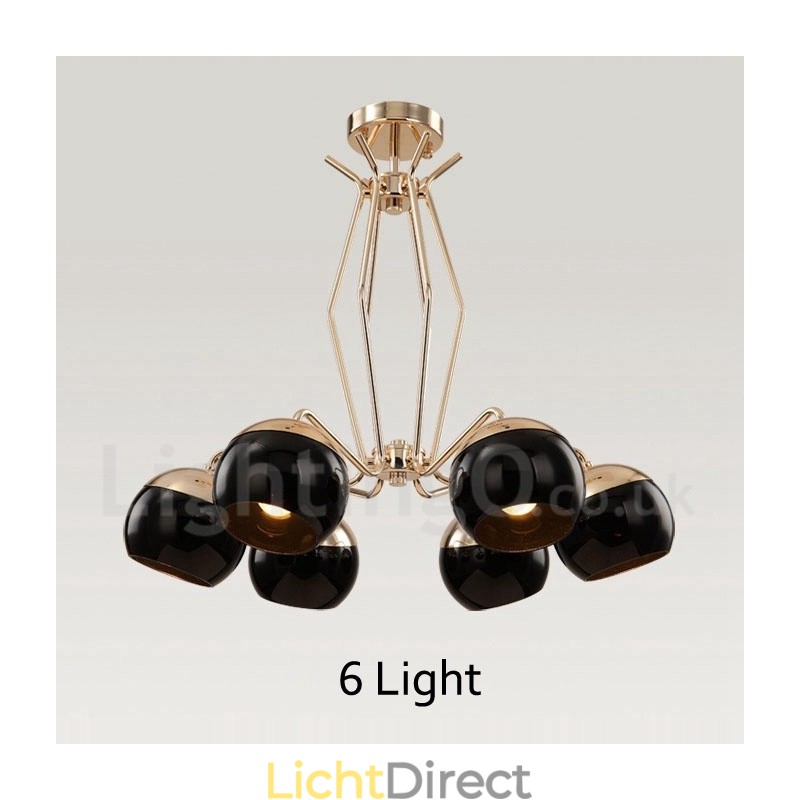6-lichts enkellaags moderne, eigentijdse metalen kroonluchterlamp met glazen kap