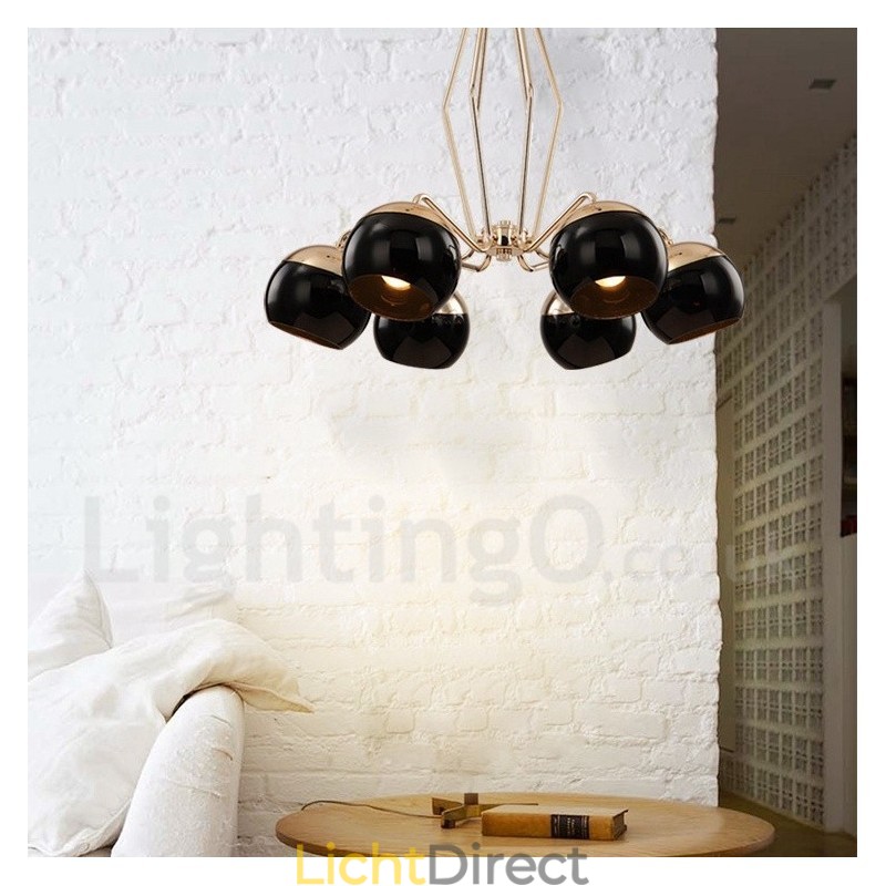 6-lichts enkellaags moderne, eigentijdse metalen kroonluchterlamp met glazen kap