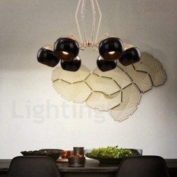 6-lichts enkellaags moderne, eigentijdse metalen kroonluchterlamp met glazen kap