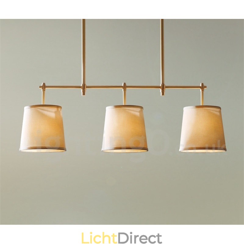 Landelijke Retro 3-lichts koperen kroonluchterlamp met stoffen kap
