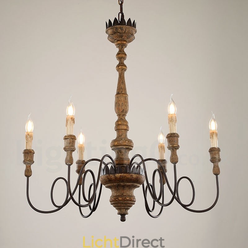 Land Vintage Houten 6 Lichts Kroonluchter Licht