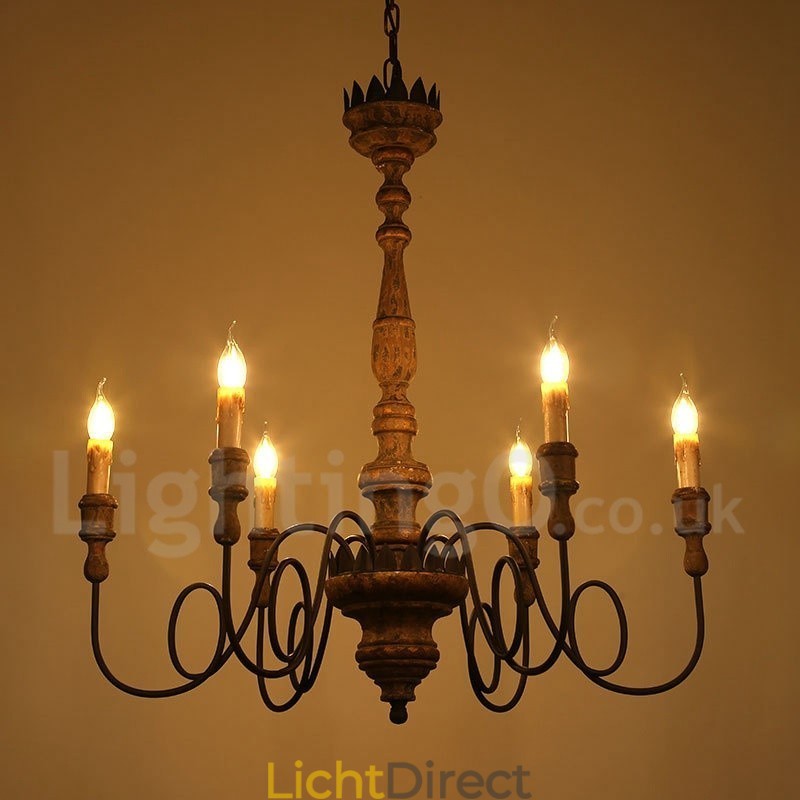Land Vintage Houten 6 Lichts Kroonluchter Licht