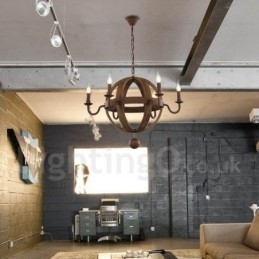 Land Vintage Houten 6 Lichts Kroonluchter Lamp Licht