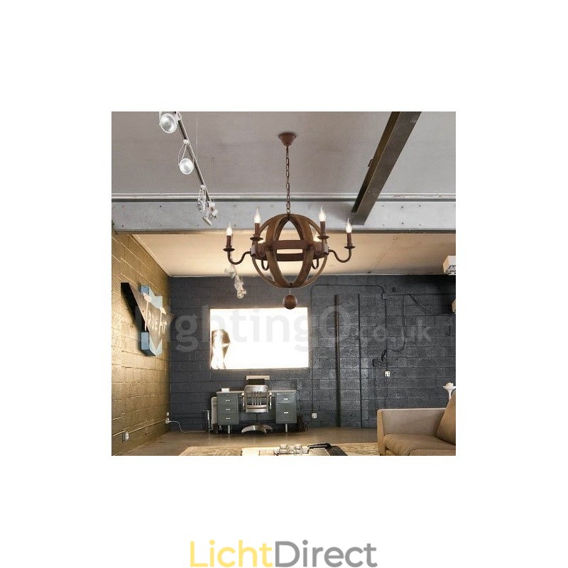 Land Vintage Houten 6 Lichts Kroonluchter Lamp Licht