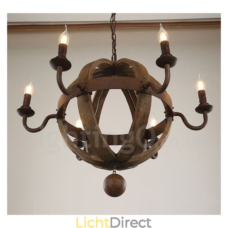 Land Vintage Houten 6 Lichts Kroonluchter Lamp Licht