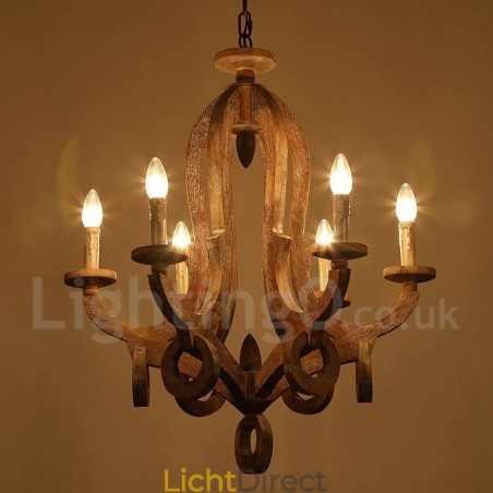 Landelijke houten vintage 6-lichts kroonluchter met enkele laag, houten lamp