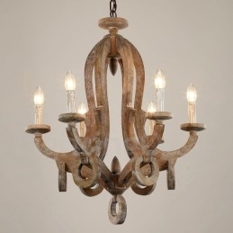 Landelijke houten vintage 6-lichts kroonluchter met enkele laag, houten lamp