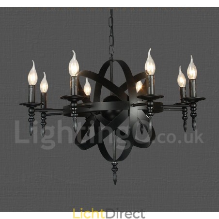 Zwarte retro vintage metalen kroonluchter met 8 lampen en één laag Zwarte retro vintage metalen kroonluchter met 8 lampen en één laag