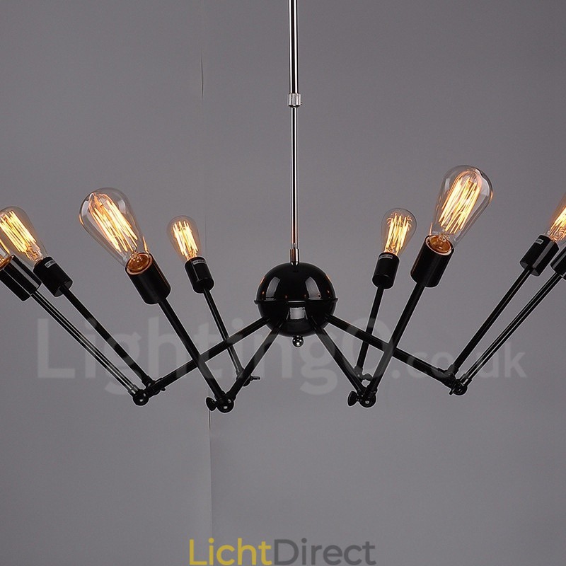 Zwarte retro vintage metalen kroonluchter met 8 lampen en één laag