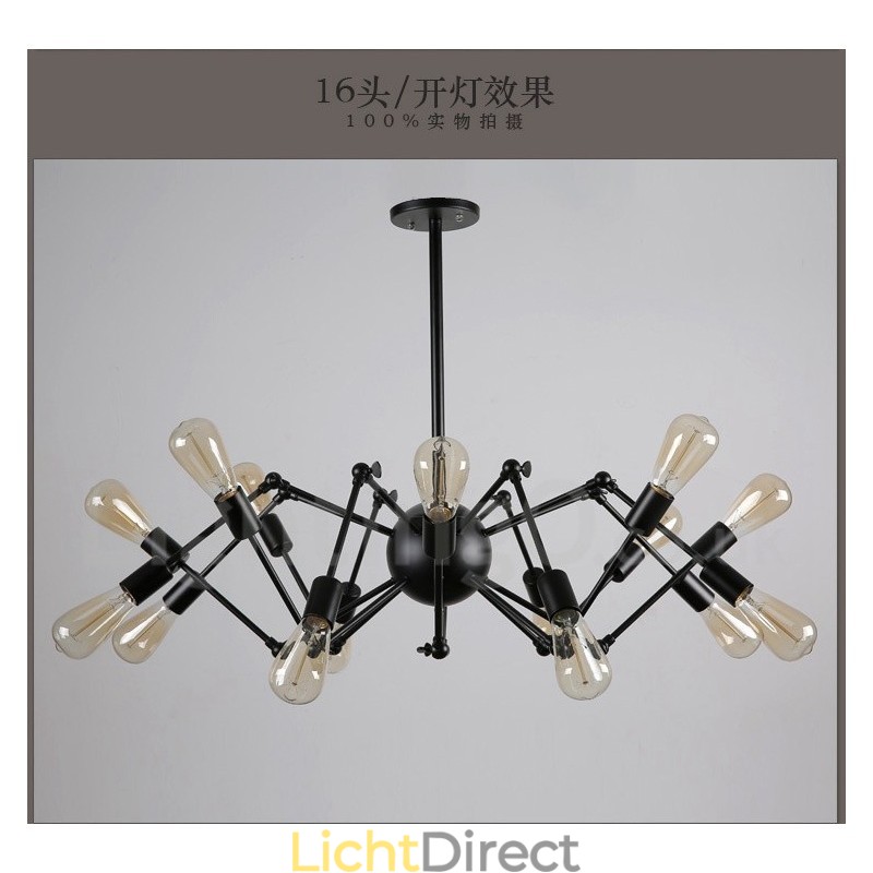 Zwarte retro vintage metalen kroonluchter met 8 lampen en één laag