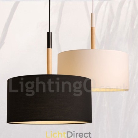 Moderne, eigentijdse houten trommel hanglamp met stoffen kap Moderne, eigentijdse houten trommel hanglamp met stoffen kap