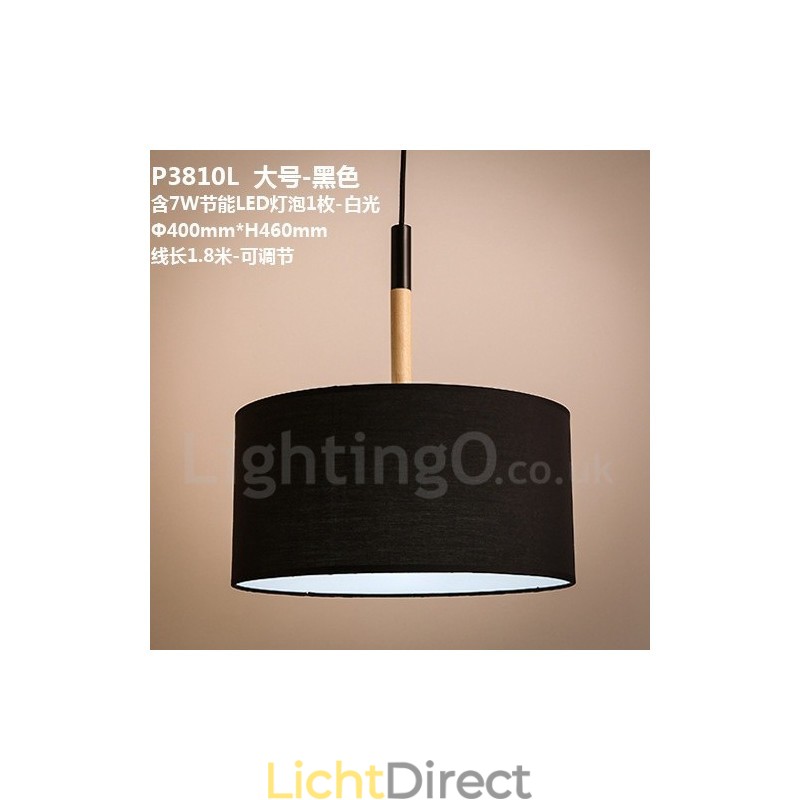 Moderne, eigentijdse houten trommel hanglamp met stoffen kap