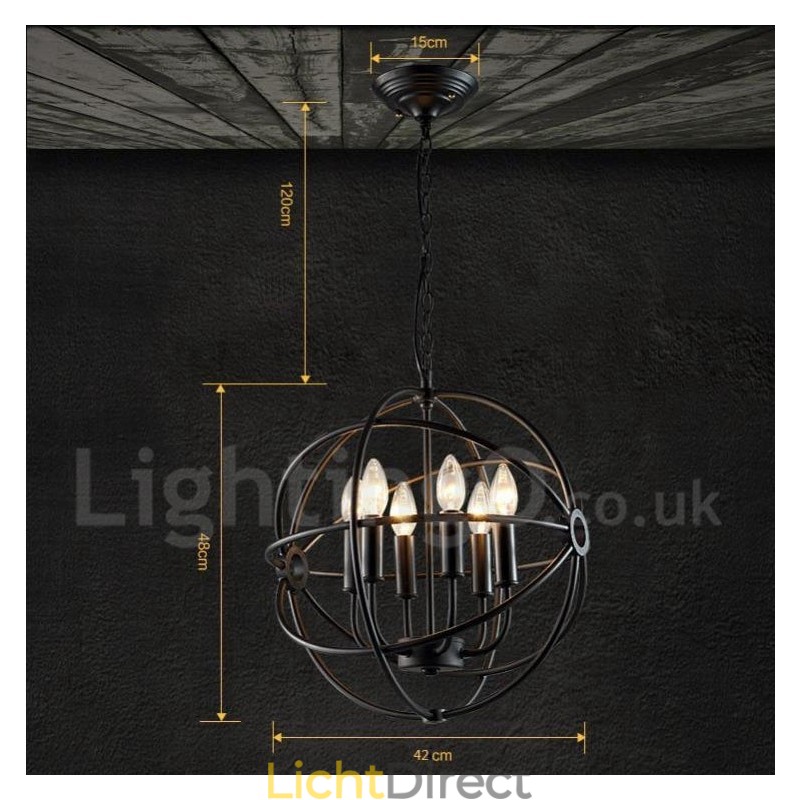6-lichts metalen bolvormige vintage hanglamp