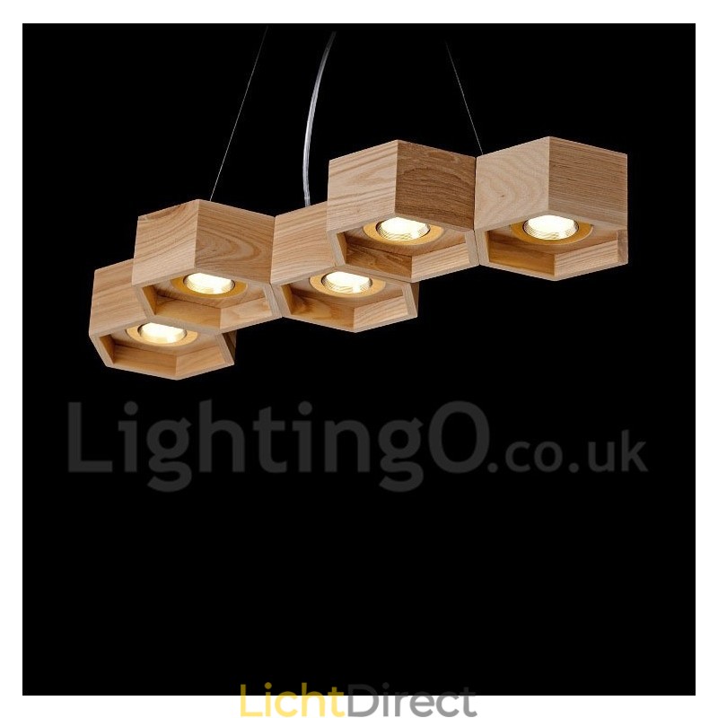 5-lichts houten moderne, eigentijdse hanglamp