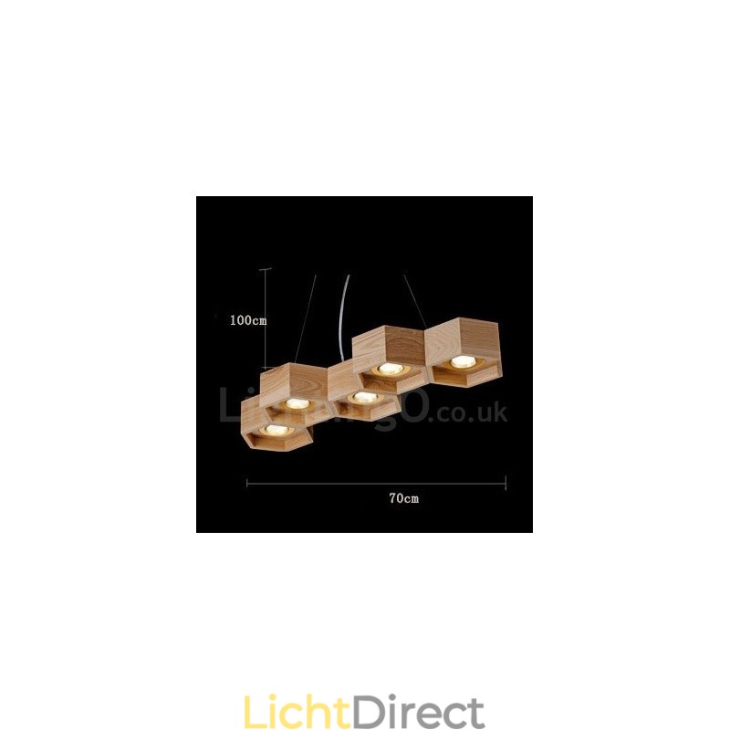 5-lichts houten moderne, eigentijdse hanglamp