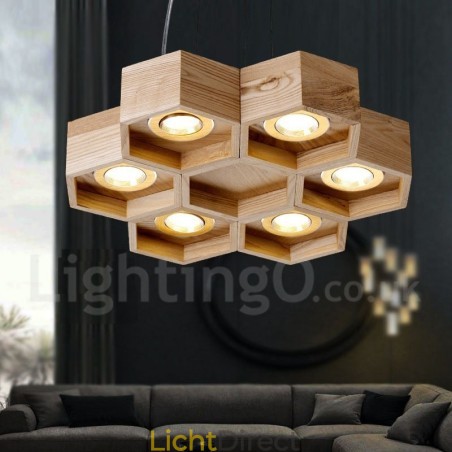 6-lichts houten moderne, eigentijdse hanglamp 6-lichts houten moderne, eigentijdse hanglamp