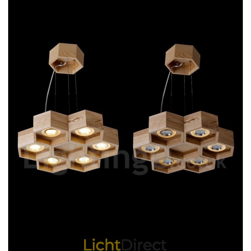 6-lichts houten moderne, eigentijdse hanglamp