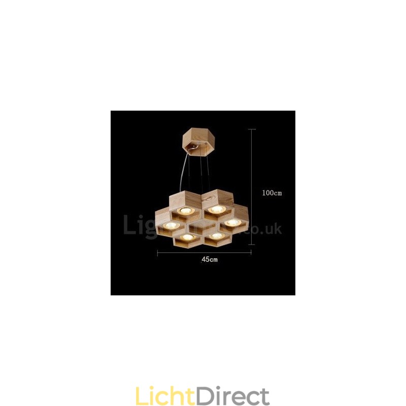 6-lichts houten moderne, eigentijdse hanglamp