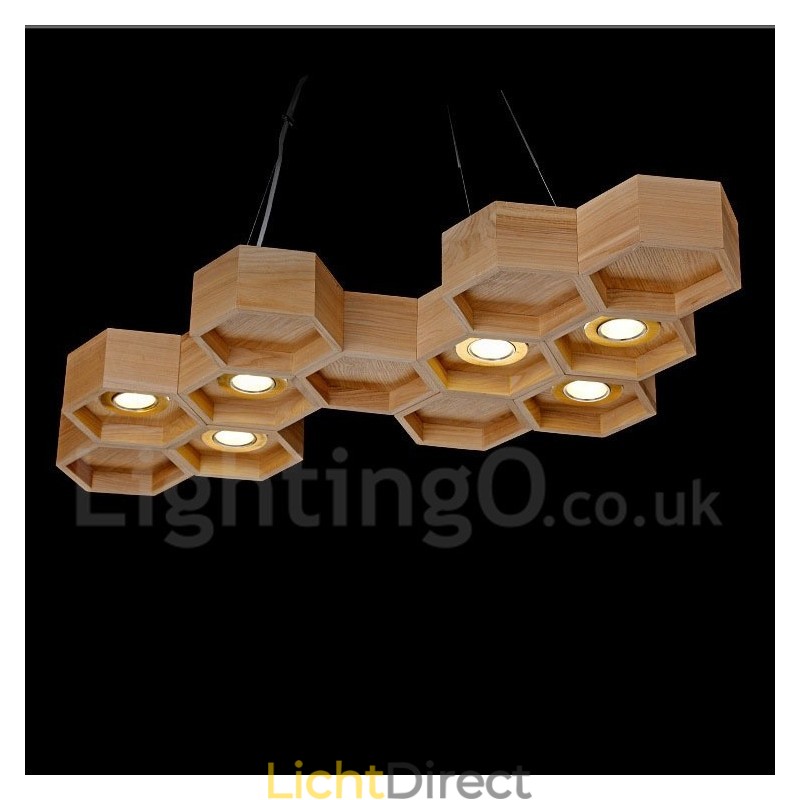 6-lichts houten moderne, eigentijdse hanglamp