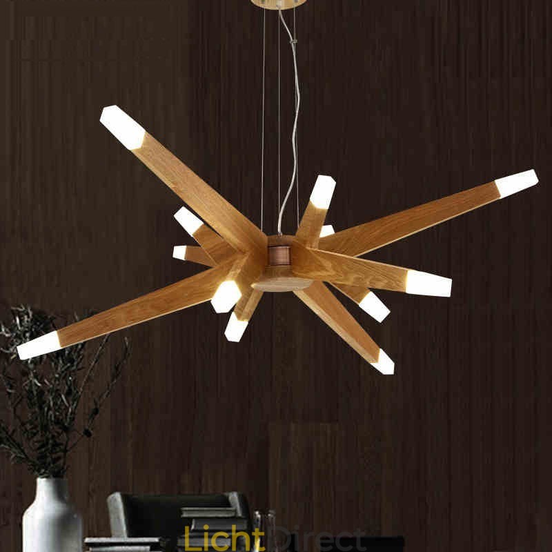 Moderne, eigentijdse houten hanglamp met 12 lampen