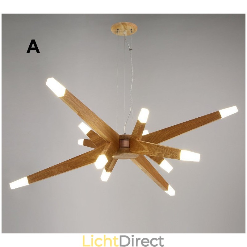 Moderne, eigentijdse houten hanglamp met 12 lampen