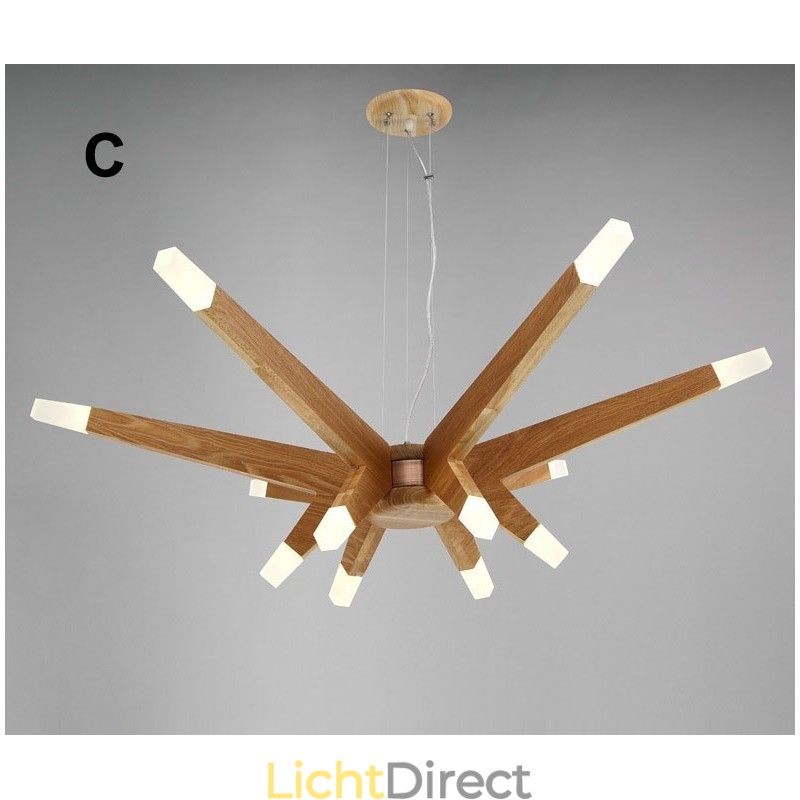 Moderne, eigentijdse houten hanglamp met 12 lampen
