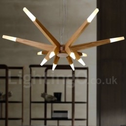 Moderne, eigentijdse houten hanglamp met 12 lampen