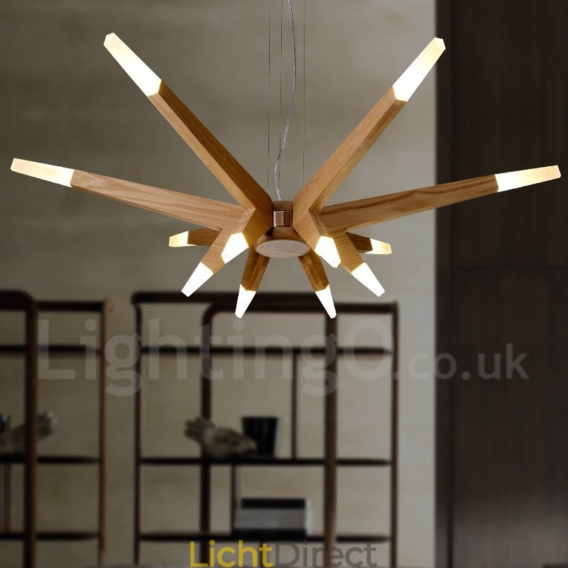 Moderne, eigentijdse houten hanglamp met 12 lampen