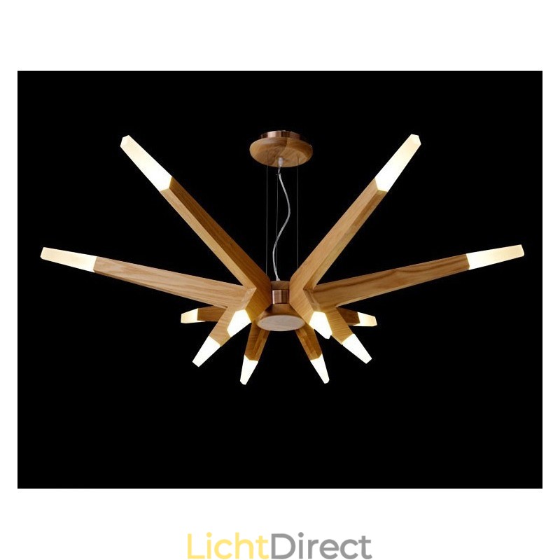 Moderne, eigentijdse houten hanglamp met 12 lampen