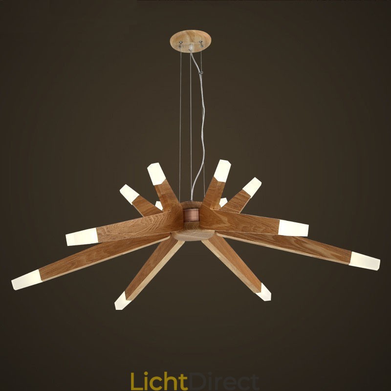 Moderne, eigentijdse houten hanglamp met 12 lampen