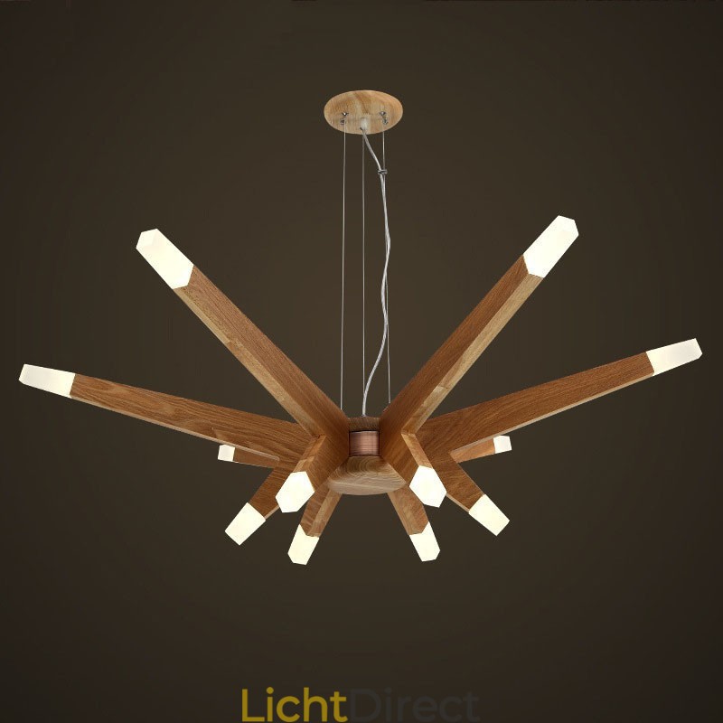 Moderne, eigentijdse houten hanglamp met 12 lampen