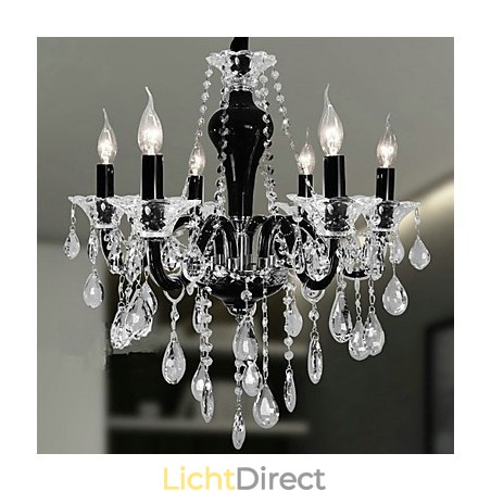 6-lichts kristallen kroonluchter in zwart designaccent