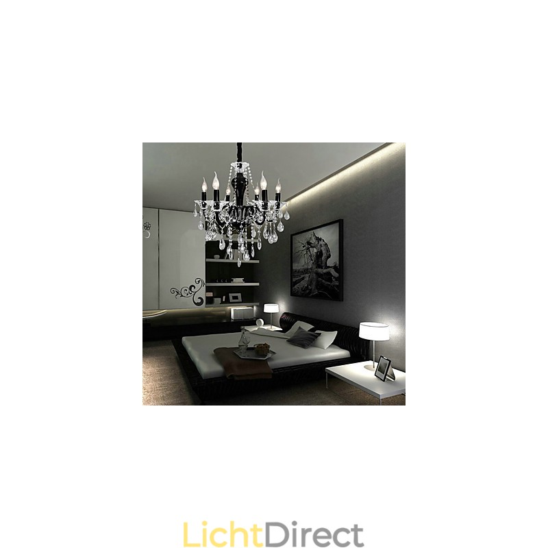 6-lichts kristallen kroonluchter in zwart designaccent