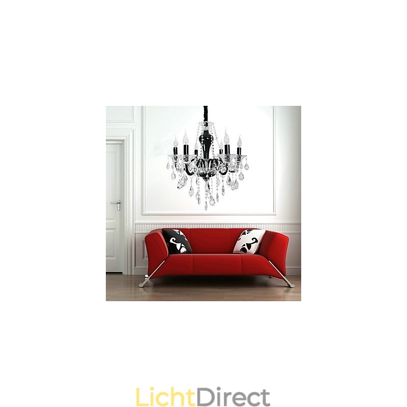 6-lichts kristallen kroonluchter in zwart designaccent