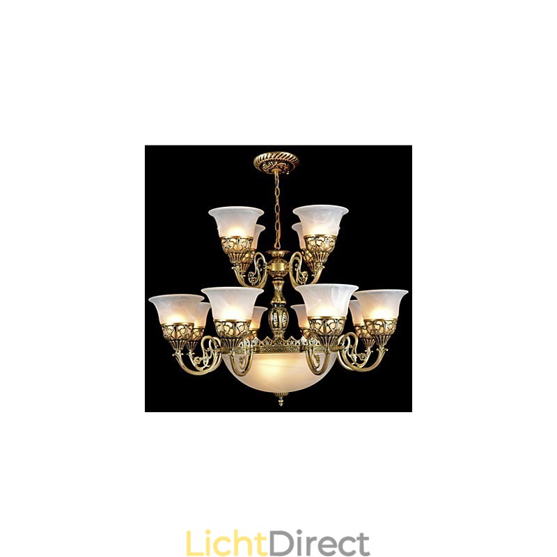 Bronzen kroonluchter vijftien lampen moiré glas Europees retro klassiek